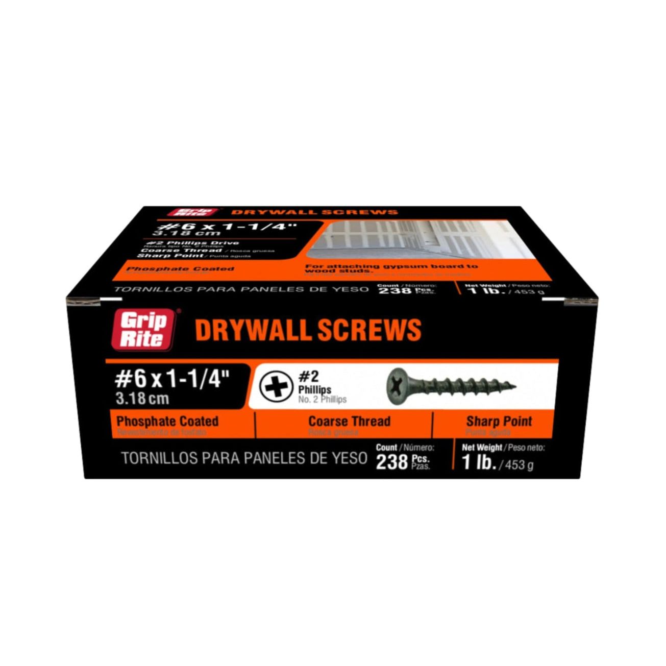 A box of GRIP-RITE 114CDWS1 #6 x 1-1/4 in. coarse thread drywall screws, featuring black phosphate coating and bugle head design, sits on a white background. The packaging contains 238 screws and has text in English and Spanish.